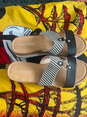 Henry Ferrera Black and White Striped Slide Mules